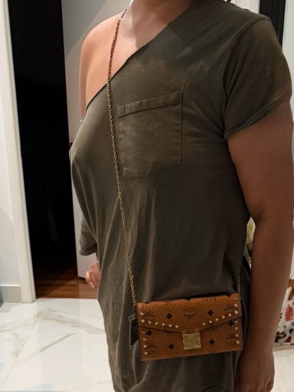 MCM Cognac Monogram Studded Leather Crossbody with Gold Hardware